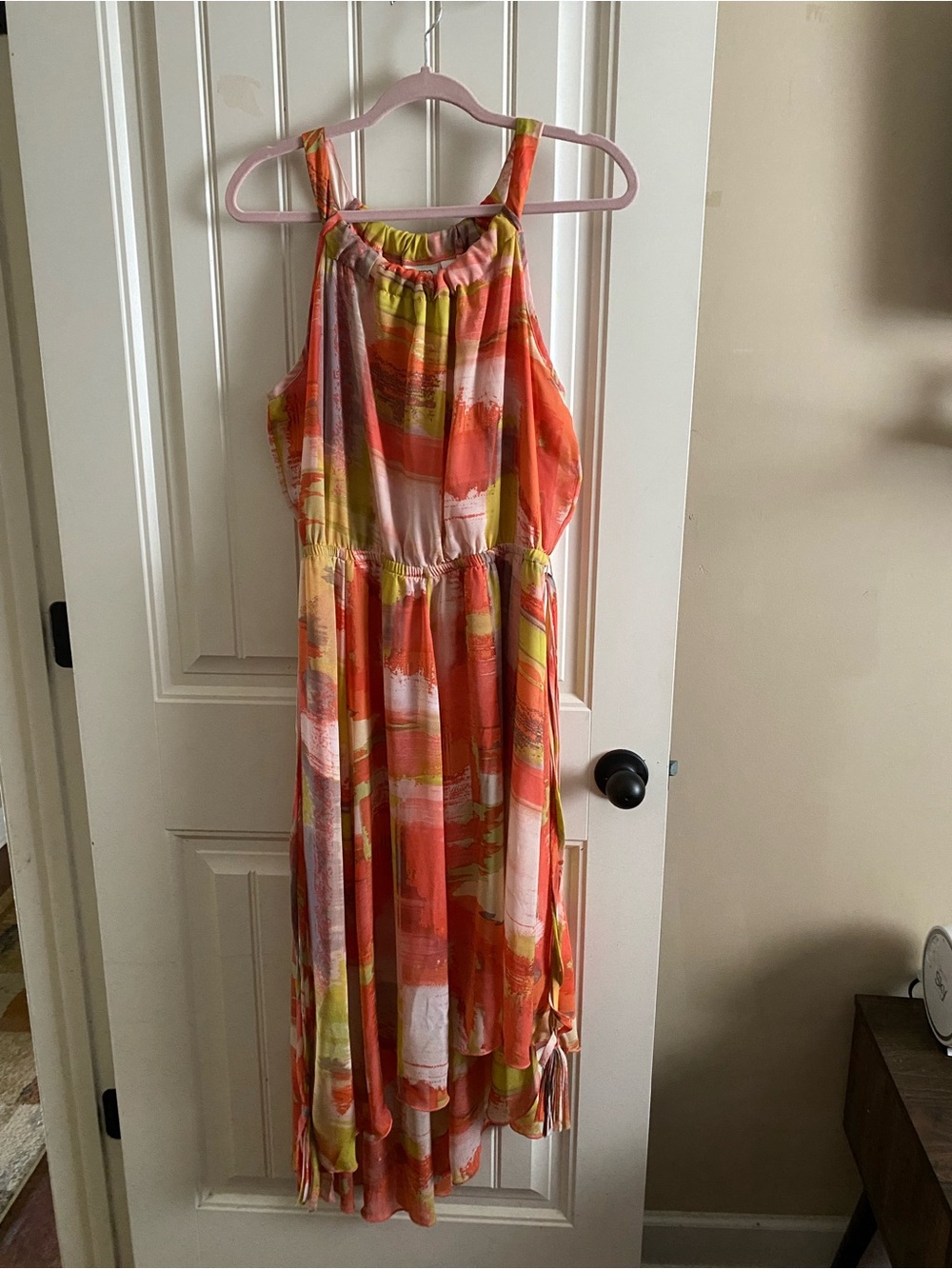 Cato Lime, Coral, Nude And Brown High-Low Sundress.